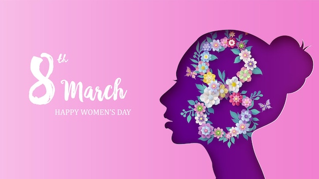 International women's day 8 march with flower and leaves , paper cut style.