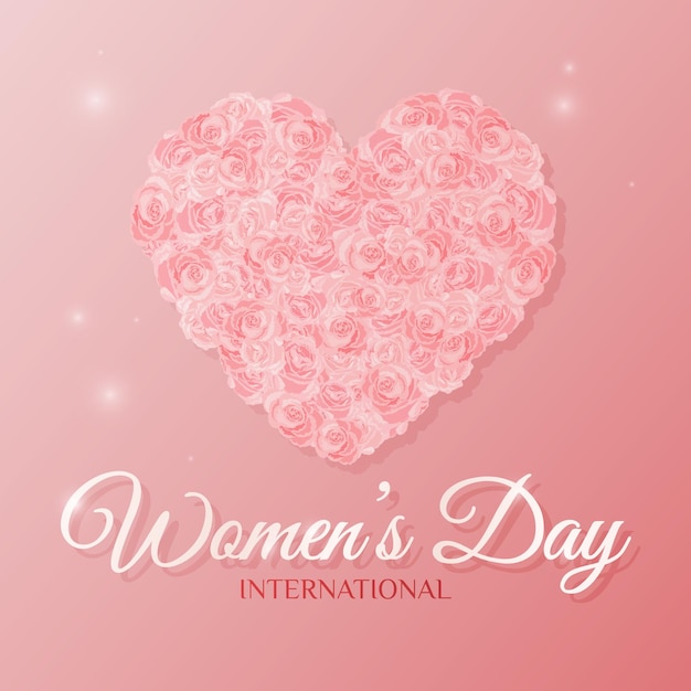 International women's day background with heart made of roses on a pink backdrop. Vector.