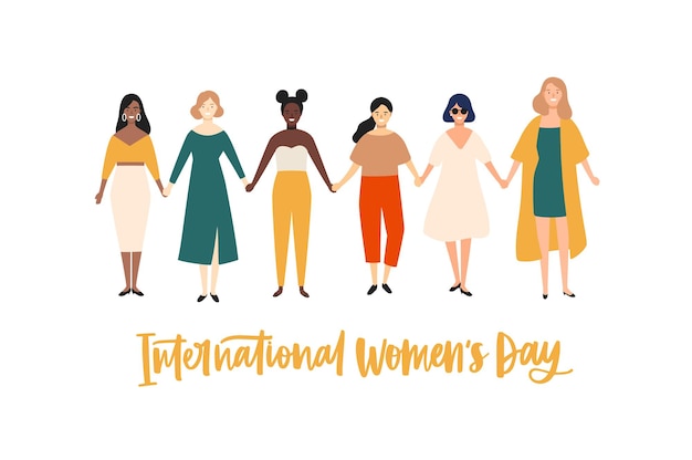 Вектор Шаблон баннера, плаката или поздравительной открытки к международному женскому дню с улыбающимися молодыми девушками или феминистками, держащимися за руки и стоящими вместе. плоская векторная иллюстрация к празднованию 8 марта.