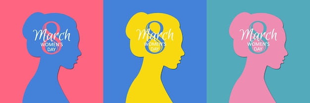International Women's Day banner. Set of greeting cards with a silhouette of a woman's face.Vector.