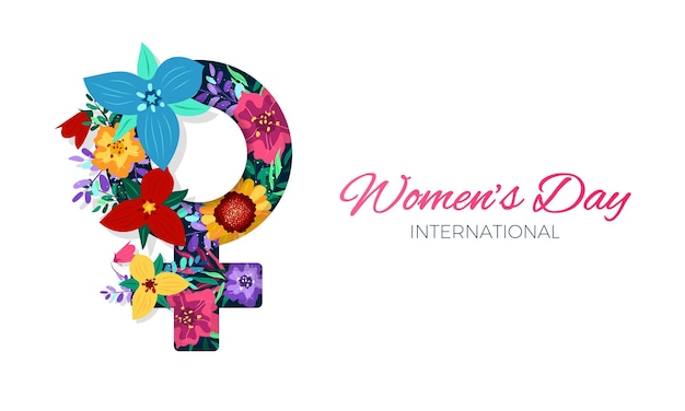 Международный женский день баннер с женским знаком и весенними цветами. Баннер с женским гендерным знаком.