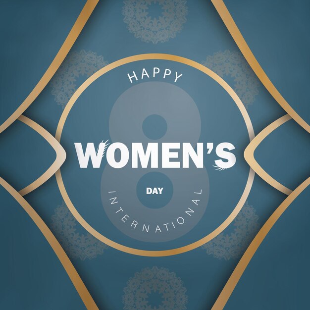 International women's day brochure in blue with vintage gold ornament