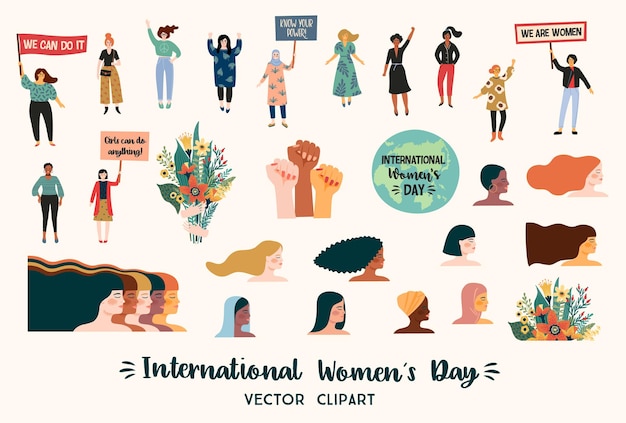 International women's day. clipart with women different nationalities and cultures. struggle for freedom, independence, equality.