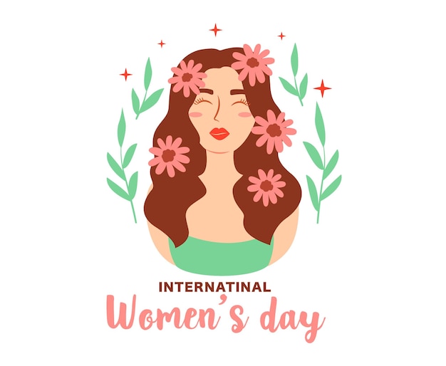 국제 여성의 날 디자인 꽃과 글자를 쓴 아바타 소녀