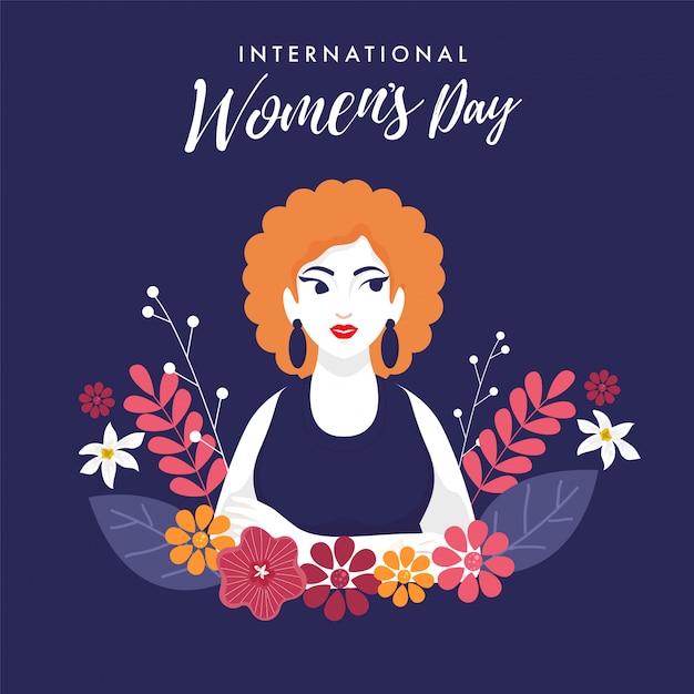 International women's day font with beautiful young girl and floral decorated on purple background.