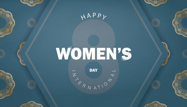 Шаблон брошюры для поздравления с Международным женским днем синего цвета с винтажным золотым узором