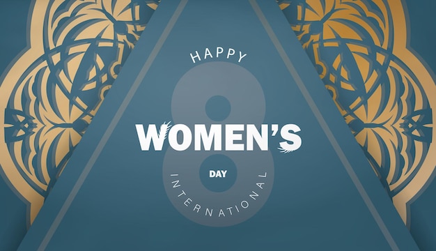 International women's day greeting card template in blue color with luxury gold ornaments