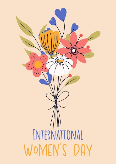 International women's day greeting card templates with bouquet of flowers girl power concept