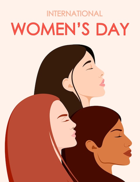 세계 여성의 날. 다른 국적의 아름다운 여성과 인사말 카드.