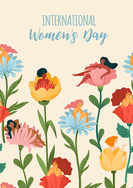 International women s day greeting card with women and flowers