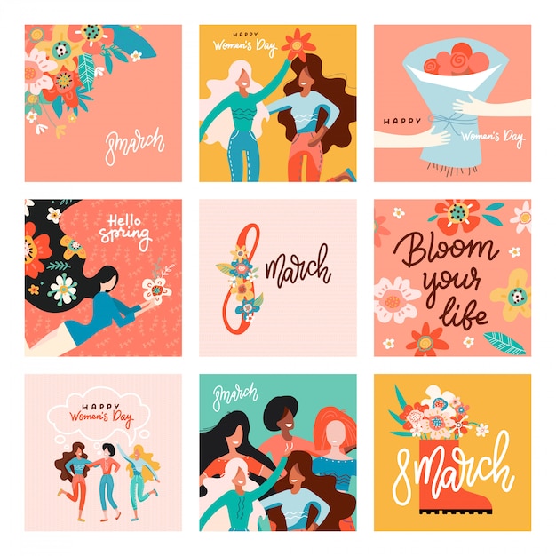 International women's day. greeting cards big set with women, flowers and lettering.