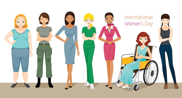 International Women's Day, Group Of Women With Various Nations, Skin And Occupations