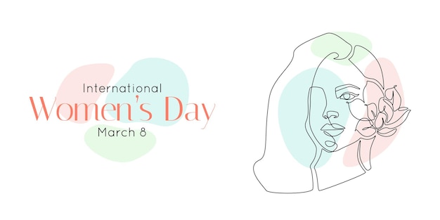 International Women's Day holiday illustration. Woman face with flower in one continuous line drawing. Female portrait in linear style for web banner or greeting card. Doodle Vector illustration.