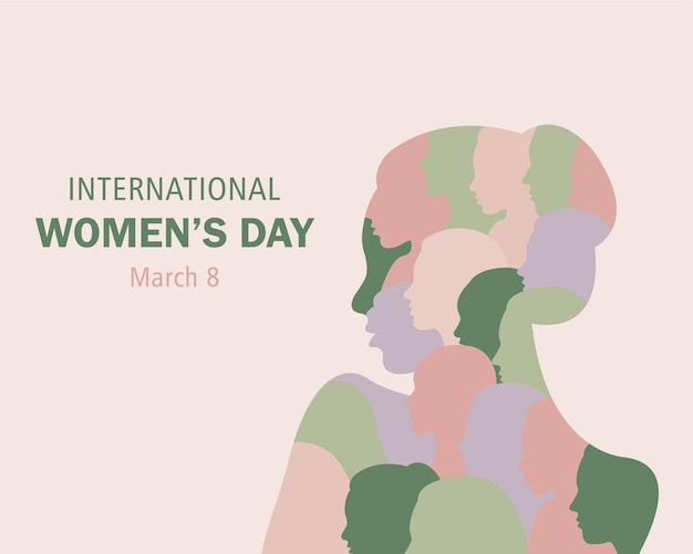 International Women's Day horizontal banner.Silhouettes of women of different nationalities.Vector.