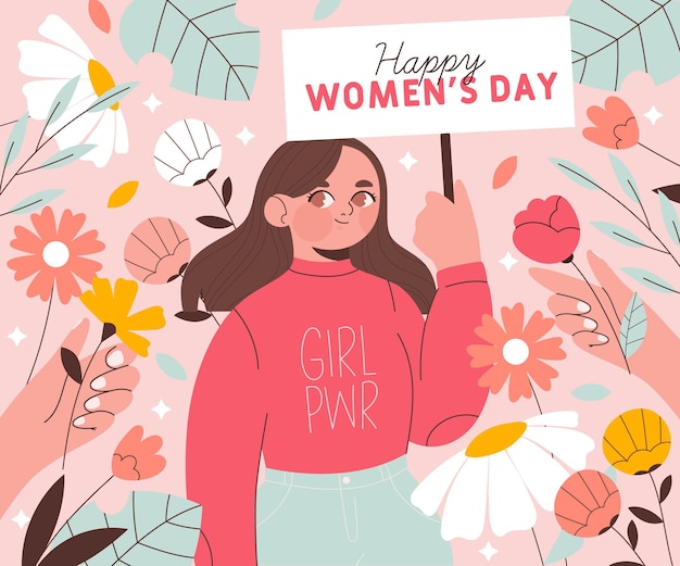 International women's day illustration with woman holding placard