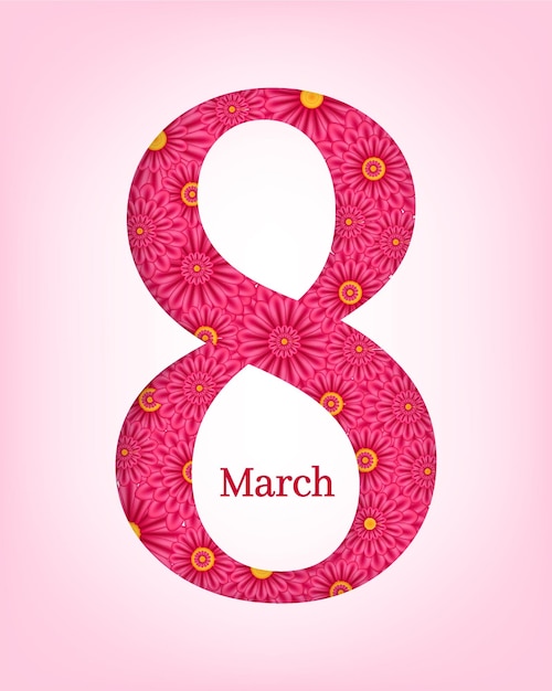 International women's day-logo 8 maart nummer versierd met roze bloemen in papierstijl