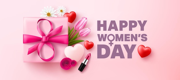 International Women's Day Poster or banner with gift box,flower and symbol of 8 from ribbon bow.