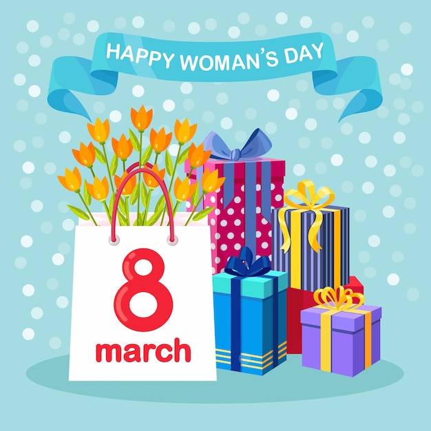 International women's day. Purchase in shopping bag, flower bouquet and gift boxes