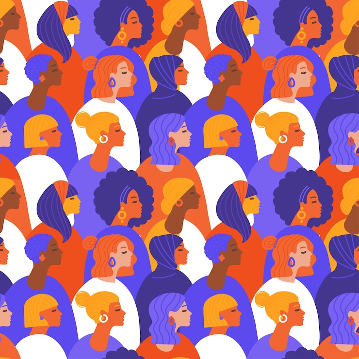 Vector international women's day seamless pattern. crowd of multinational girls in different multicolored clothes. female diverse faces of different ethnicity. women empowerment movement concept. flat vector