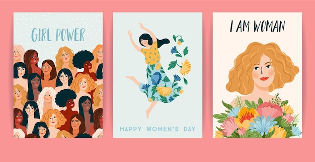 International Women s Day. Set of cards, women different nationalities and cultures. Struggle for freedom, independence, equality.