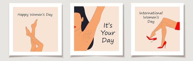International Women's Day. A set of greeting cards with Female unshaved hairy legs and armpit hair