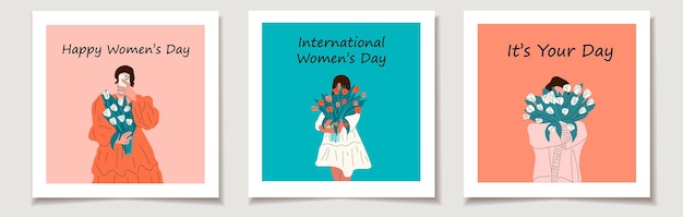 International Women's Day. A set of greeting cards with woman is holding a bouquet of tulips.