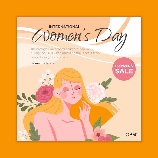 Vector international women's day square flyer template with woman and flowers