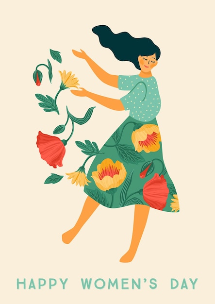 Vector international women s day. vector template with dancing woman and flowers for card, poster, flyer and other users