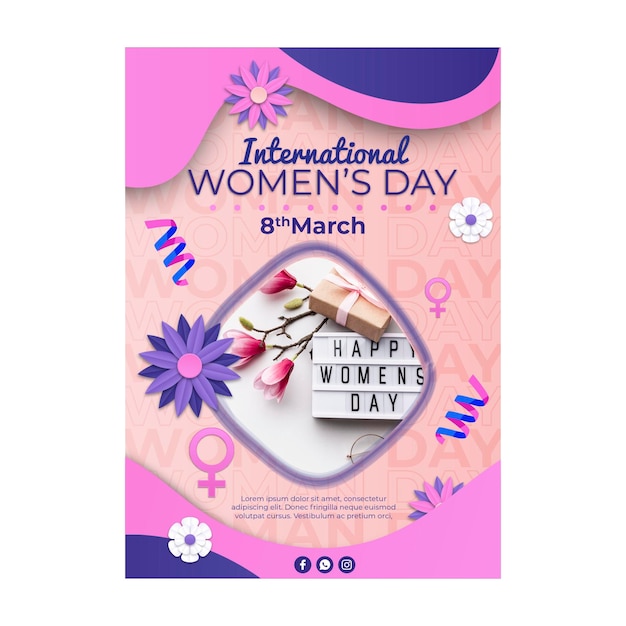 Vector international women's day vertical flyer template with flowers and female symbol