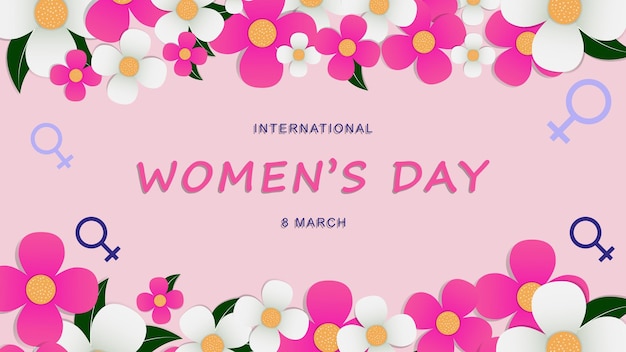 International women's day with colorful flowers on pink background. Vector stock illustration.