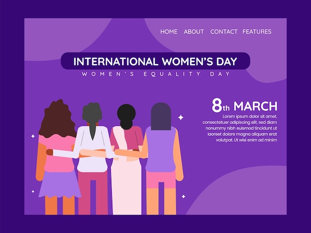 Дизайн фона целевой страницы празднования международного дня women39s с четырьмя женщинами, демонстрирующими равенство