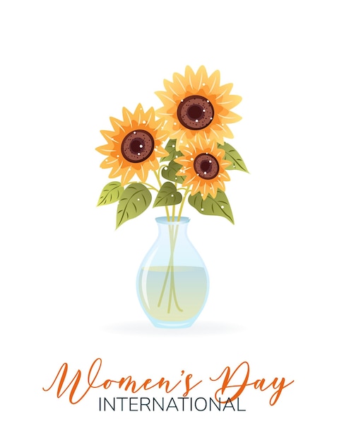 International Womens Day 8 March Banner postcard with isolated bouquet of sunflowers in vase