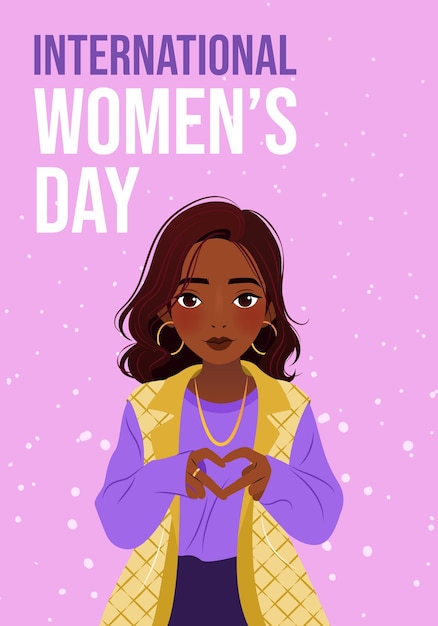 International womens day 8 march poster with young beautiful woman showing sign of heart