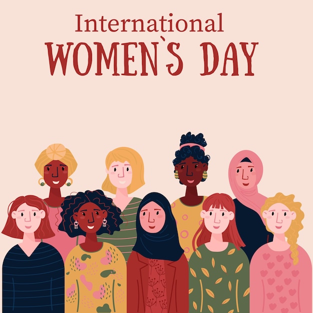 Vector international womens day card for 8 march multinational females for empowerment support