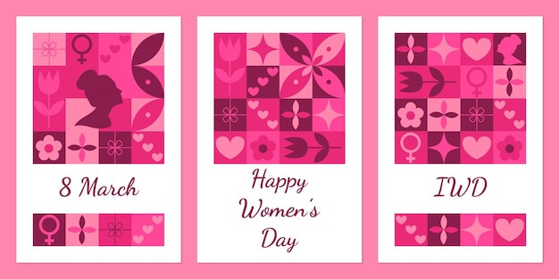 벡터 국제 여성의 날 카드 3월 8일 현대 기하학적 배경 세트 추상적인 신 기하학적 패턴 포스트카드 또는 초대장을 위한 템플릿  ⁇ 터 일러스트레이션