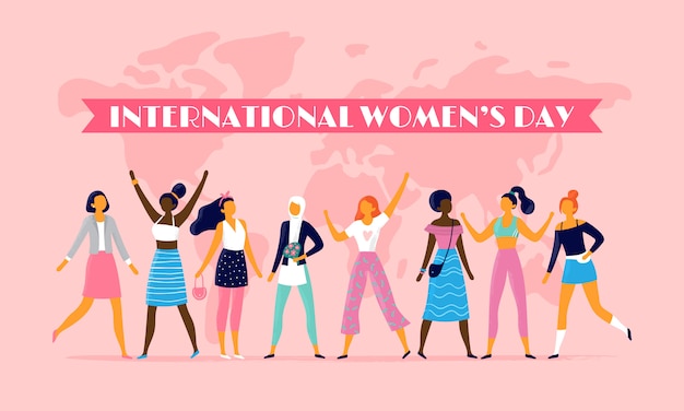 벡터 국제 여성의 날, 8 월 3 일, 자매 공동체 및 다국적 여성 사람들을 축하하다