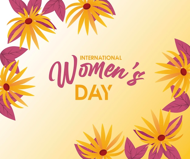 Плакат празднования международного женского дня с буквами и иллюстрацией желтых цветов