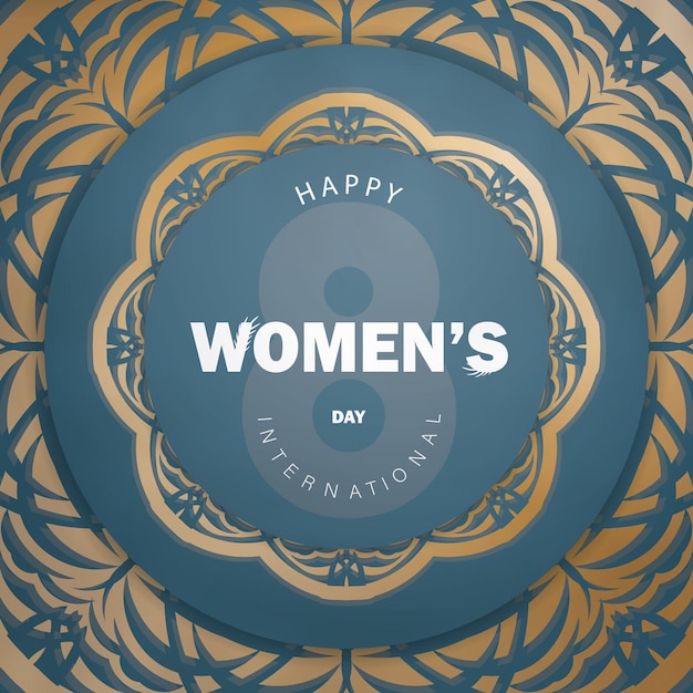International womens day flyer template in blue color with abstract gold pattern