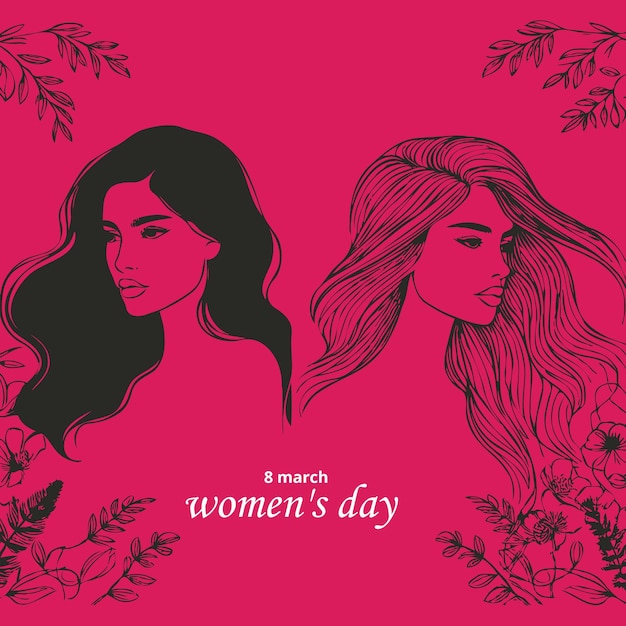 Vector international womens day greeting card design with a young pretty woman silhouette and line art