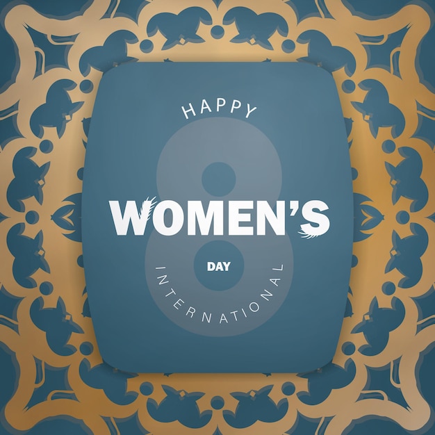 International womens day greeting flyer template in blue color with luxury gold pattern