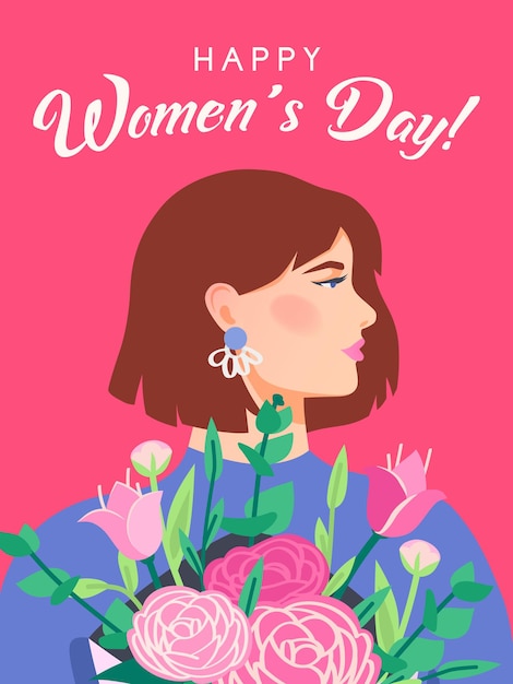 国際婦人デー。幸せな女性の日、3月8日。女性のプロフィールの肖像画とグリーティングカードテンプレート。花束を持っている女の子。春休みのはがきやポスター。 。