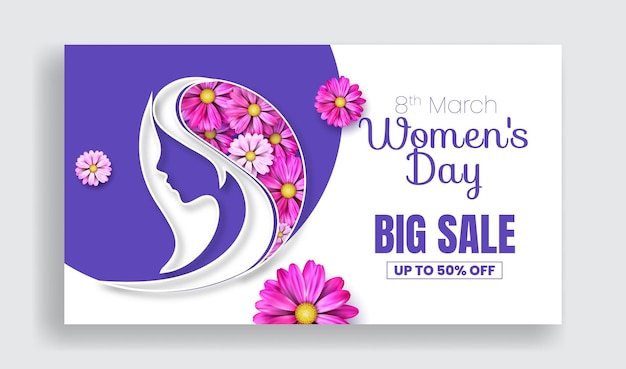 international womens day sale banner with realistic floral flower female illustration 3d design