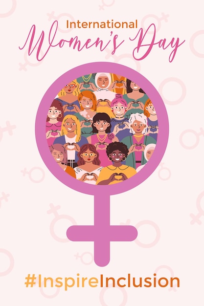 Poster verticale della giornata internazionale della donna con il sogan di inspire inclusion e il simbolo di venere