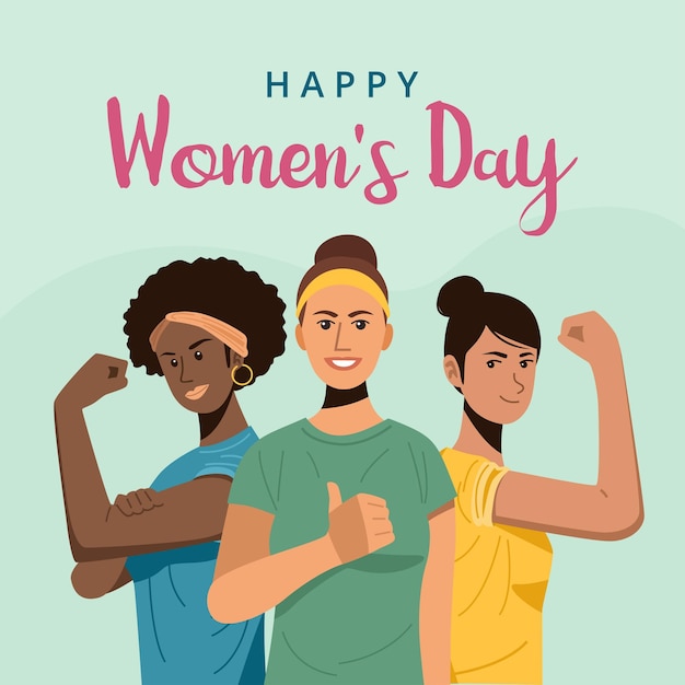 International womens day Young women with their arms raised up Vector