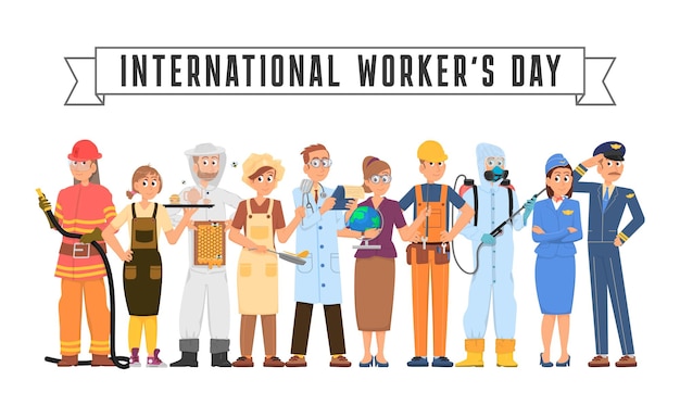 국제 노동자의 날 노동 축제 배너 작업 문자 제복을 입은 사람들 다른 남성과 여성 전문가 괜찮은 벡터 세트