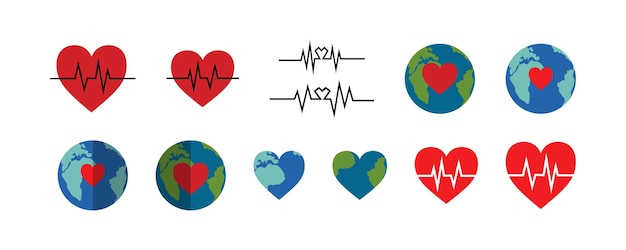 벡터 국제 세계 보건의 날 맥박 라인이 있는 붉은 심장 심장 박동 지구 심장 사랑의 형태로 행성 지구