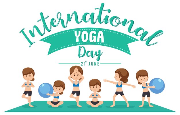 Banner della giornata internazionale dello yoga con una donna che fa diverse pose di yoga