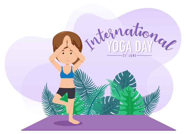 International yoga day banner with woman doing yoga exercise