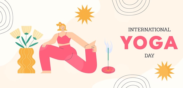 Vettore banner della giornata internazionale dello yoga donna che pratica yoga vettore disegnato a mano