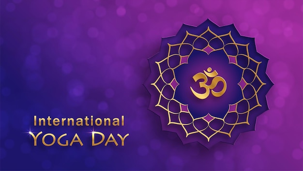 International yoga day card with bouddha symbols and spirituals elements with gold paper cut style on color background for this happy spiritual day translate om